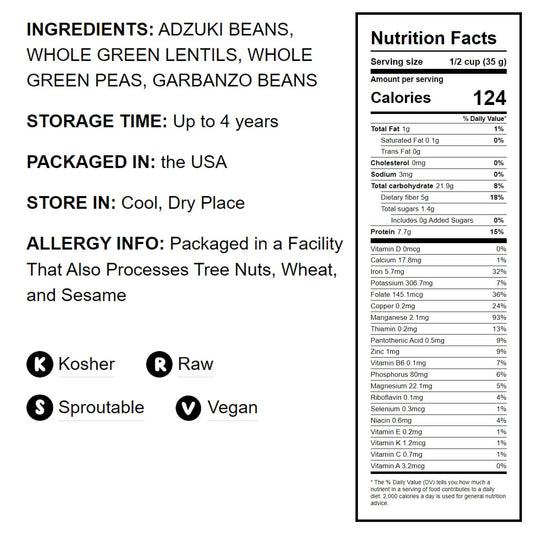 Crunchy Mix of Sprouting Bean Seeds - Green Peas, Adzuki, Lentils, Garbanzo, Kosher, Raw - by Food to Live