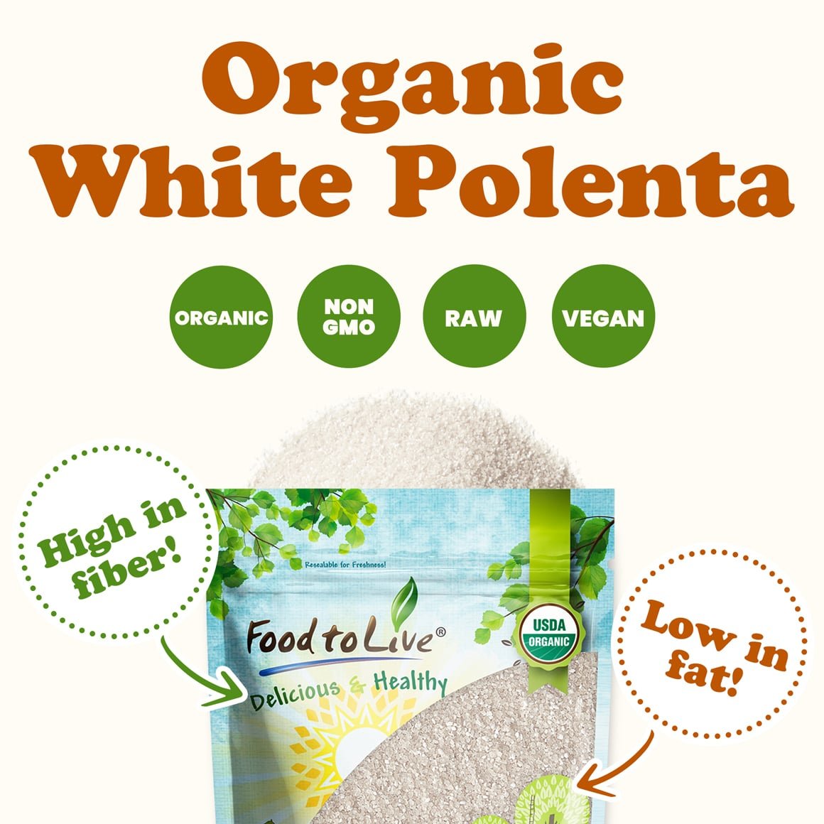 Organic White Polenta — Classic Non-GMO Cornmeal. Vegan, Kosher Corn Grits in Bulk. Great for Hot Cereal and Porridge