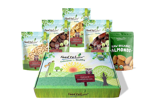 Organic Dried Nuts & Fruits in a Gift Box - A Variety Pack of Almonds, Cashews, Apricots, Dates, and Figs - by Food to Live