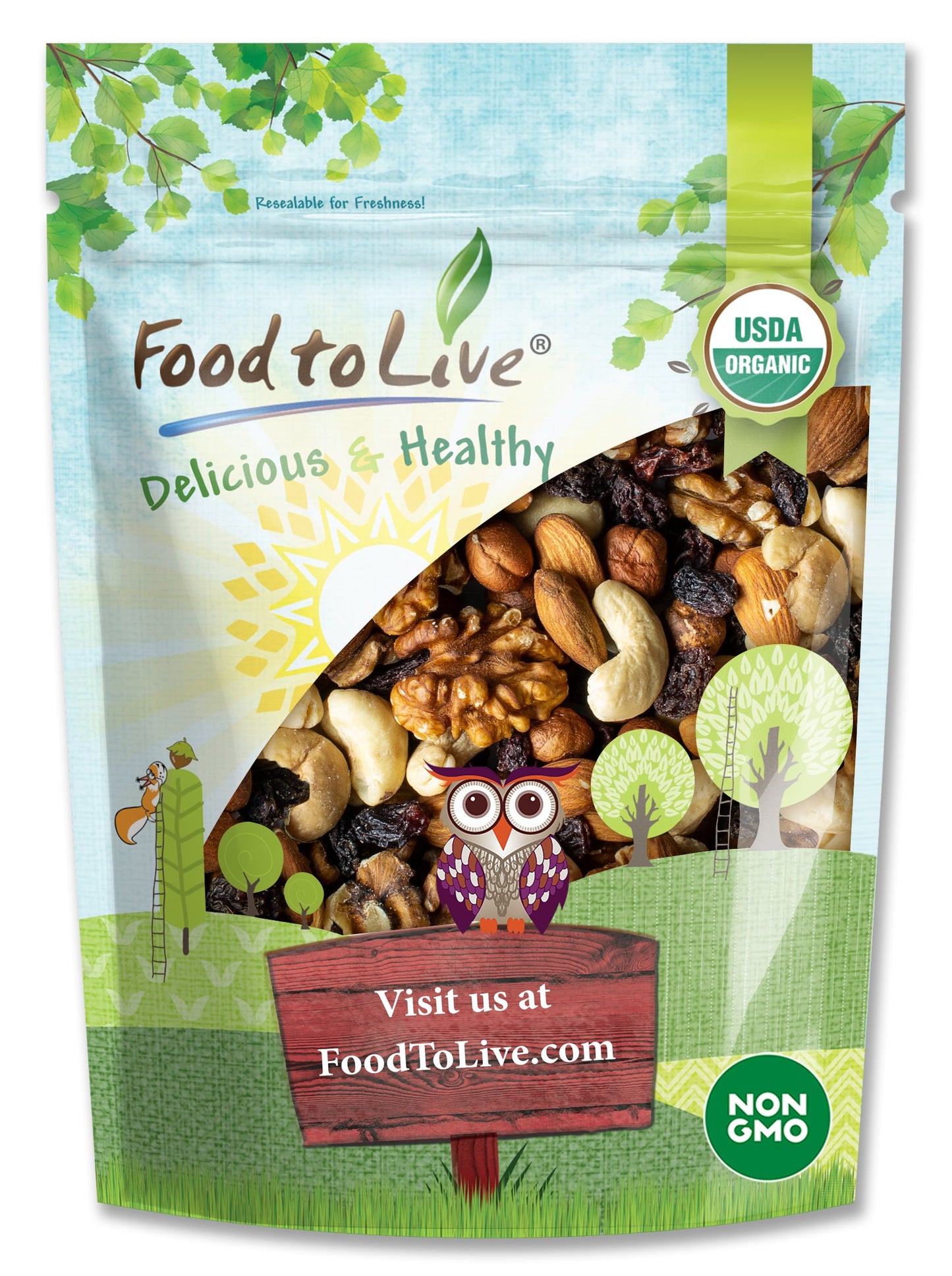 Organic Go Raw Trail Mix — Non-GMO, Raw, Contains Walnuts, Almonds, Cashews, Hazelnuts, and Raisins. Vegan, Kosher, Bulk - by Food to Live