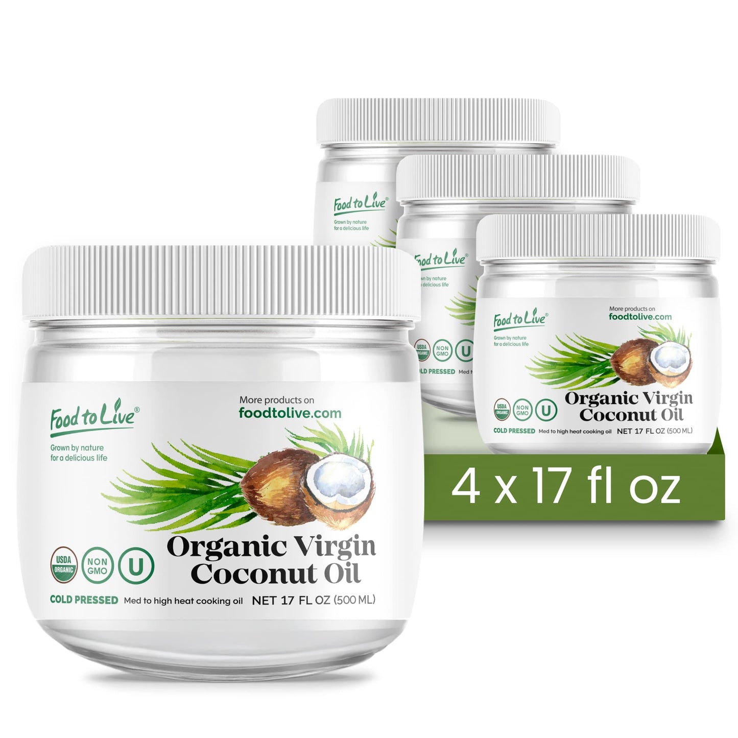 Organic Virgin Coconut Oil, 17 fl oz (500 ml) - Non-GMO, Raw, Pure, Cold-Pressed, Unrefined, Vegan, Bulk, Great for Hair, Skin and Cooking