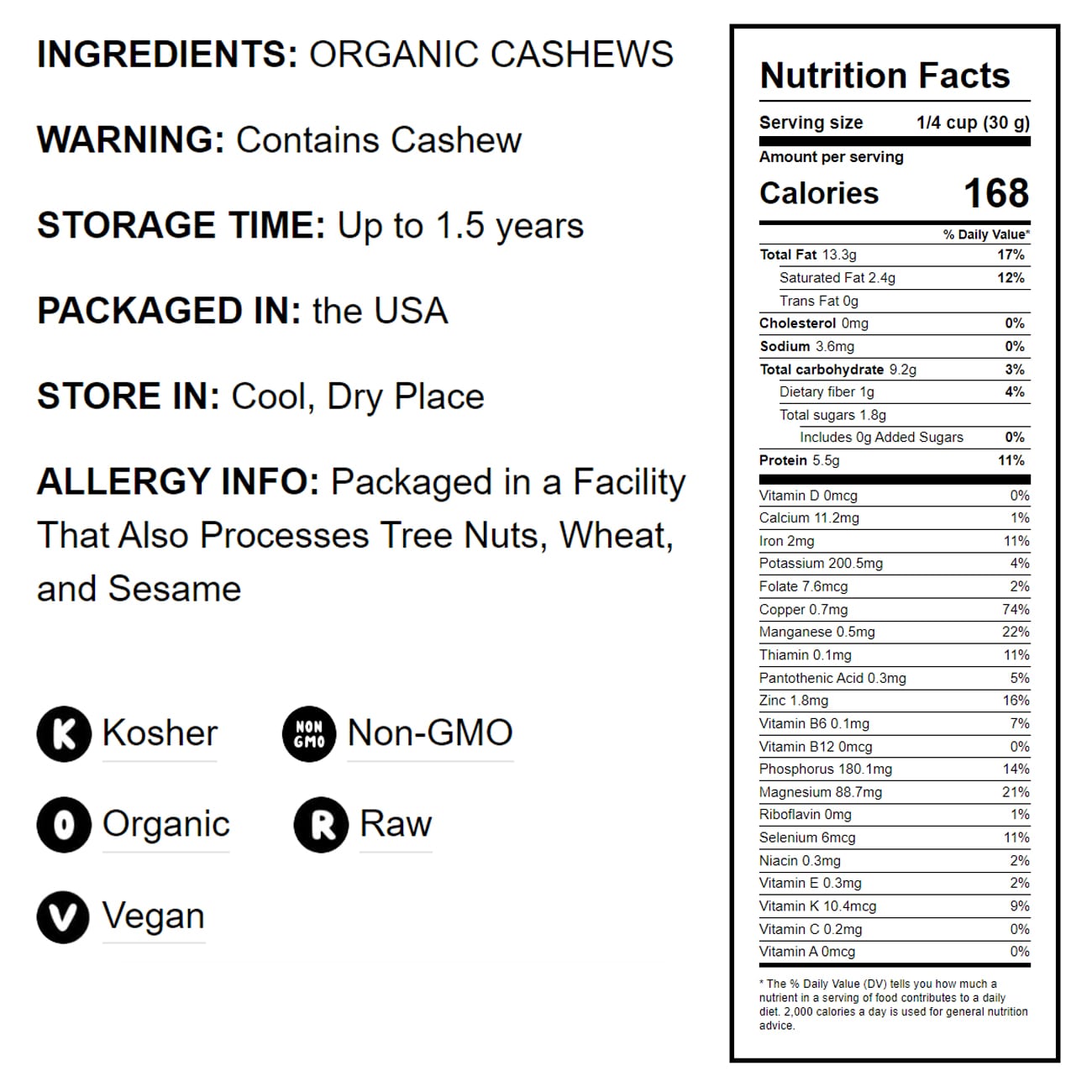 Organic Cashews - Whole, Size W-240, Unsalted, Non-GMO, Kosher, Raw, Vegan, Bulk - by Food to Live