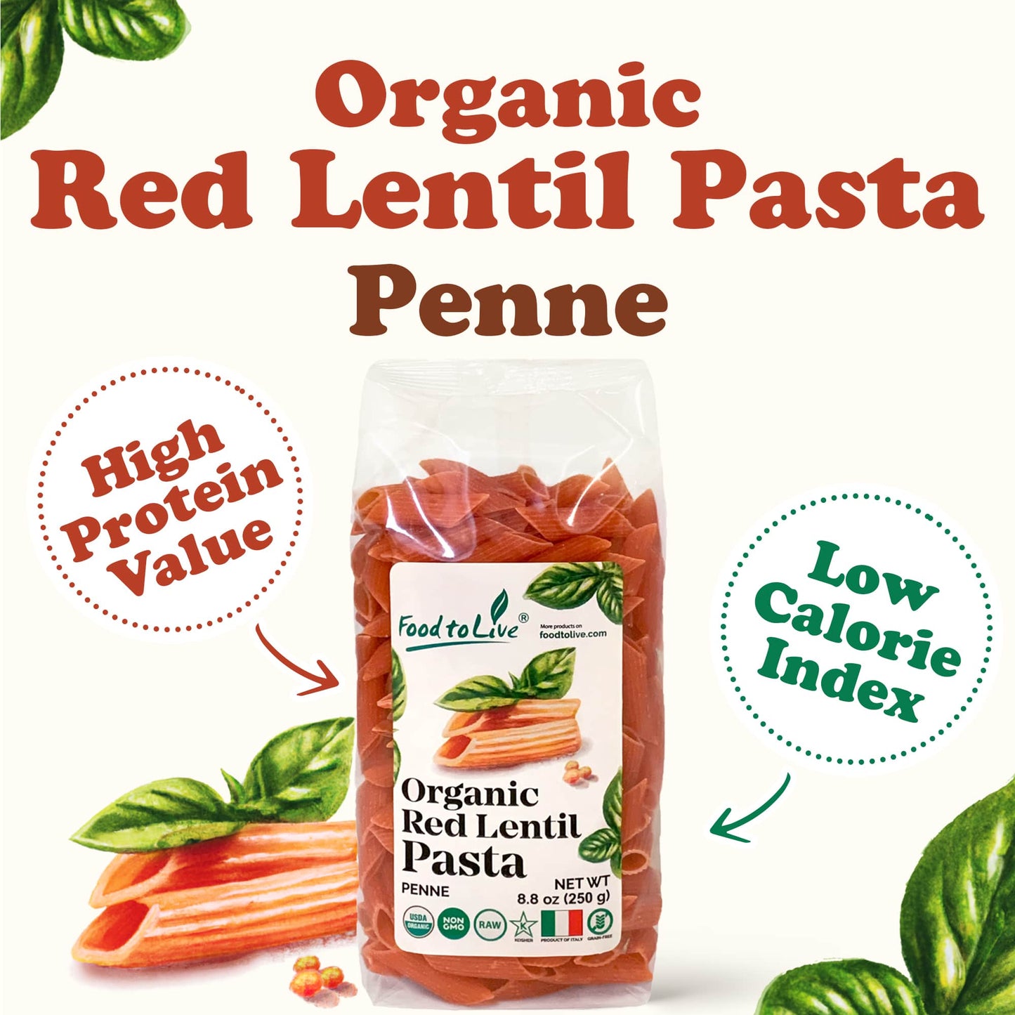 Organic Red Lentil Penne Pasta, 8.8 OZ – Non-GMO, Single Ingredient. Kosher. Vegan. Made in Italy.
