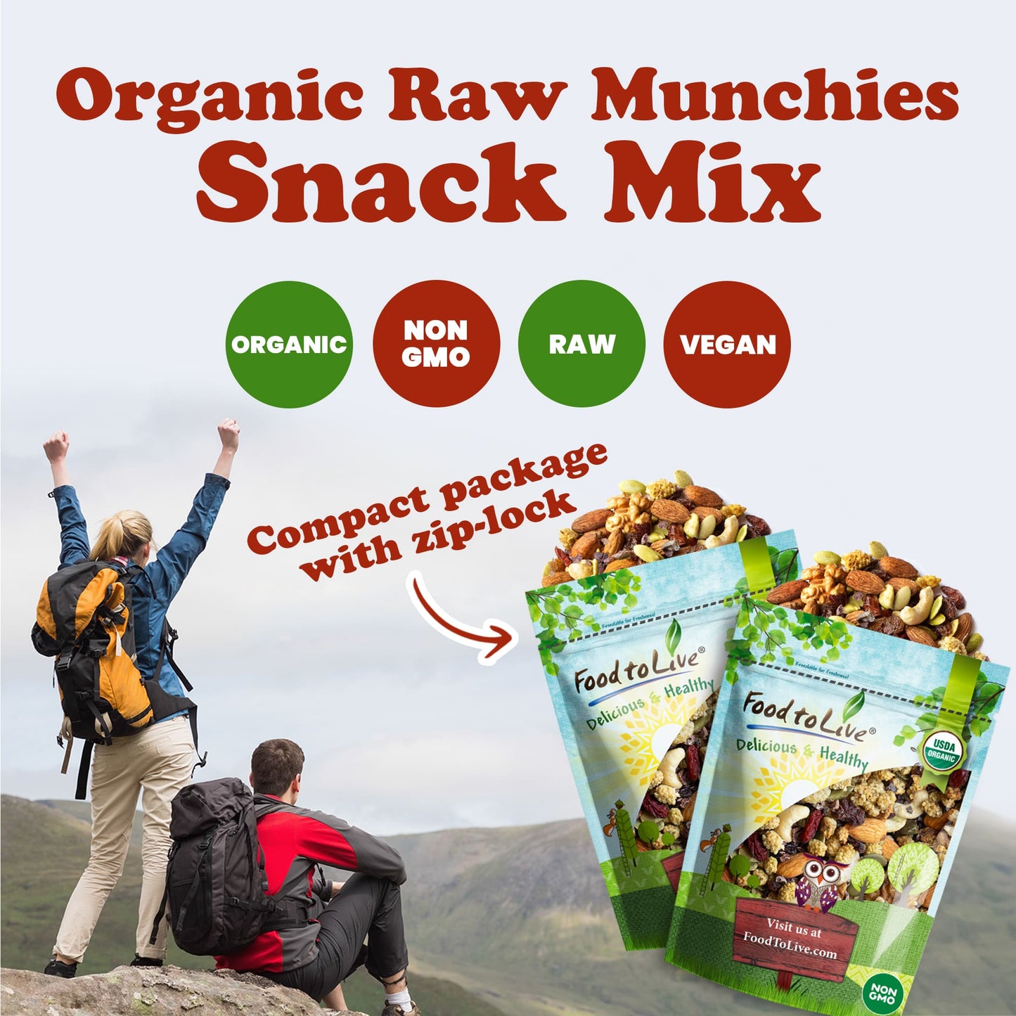 Organic Raw Munchies Snack Mix — Non-GMO,.Cacao Nibs, Raisins, Almonds, Cashews, Walnuts, Goji Berries, Mulberries, Pumpkin Seeds. Kosher