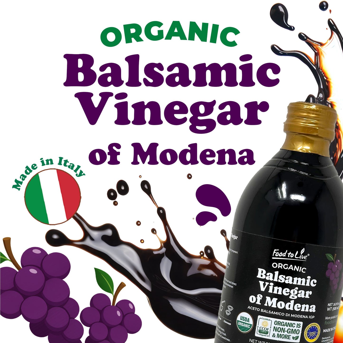 Organic Balsamic Vinegar of Modena - 16.9 fl oz (500 ml) - by Food To Live