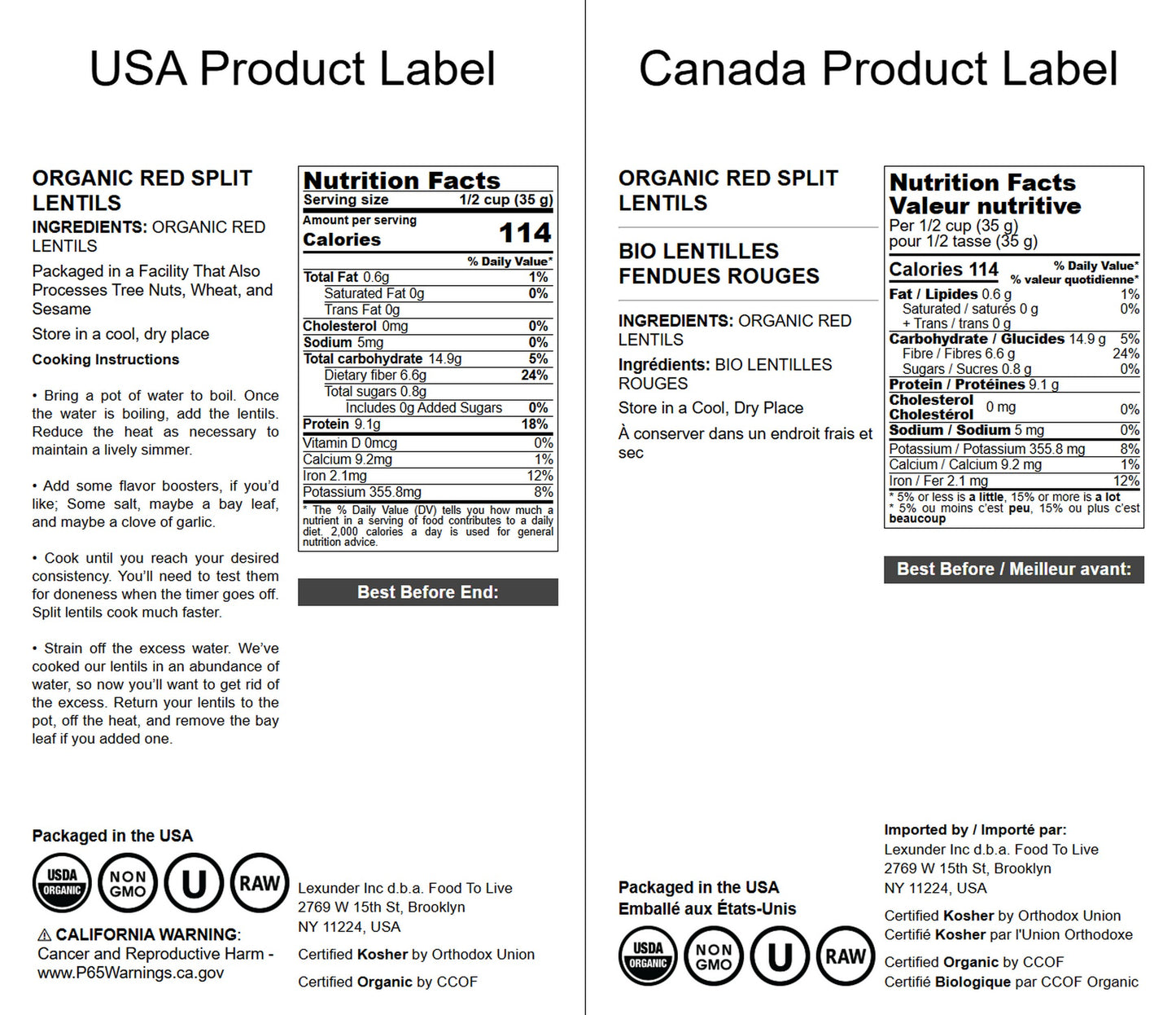 Organic Red Split Lentils - by Food To Live