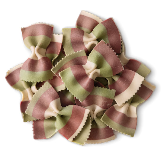 Organic Striped Farfalle Pasta – Italian Artisan Tri-Color Bow-Tie Pasta. Non-GMO, Vegan, Made with Semolina, Beet and Spinach. Perfect for Gourmet Cooking