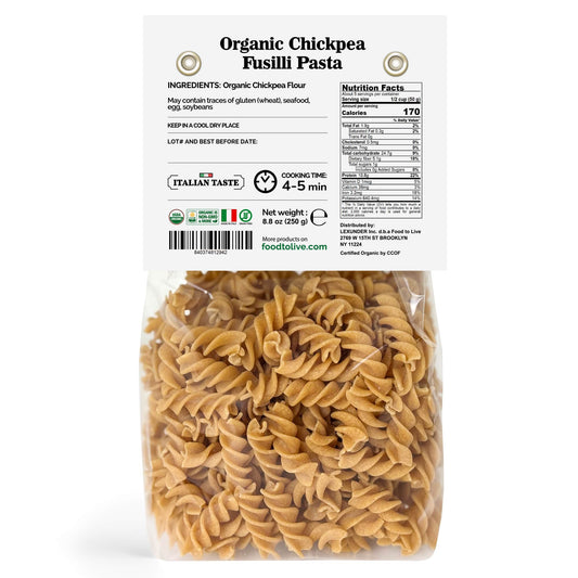 Organic Chickpea Fusilli Pasta, 8.8 oz – Non-GMO, Single Ingredient. No Additives. No Major Allergens. Good Source of Plant Based Protein and Fiber. Kosher. Vegan. Low Glycemic Index. Made in Italy