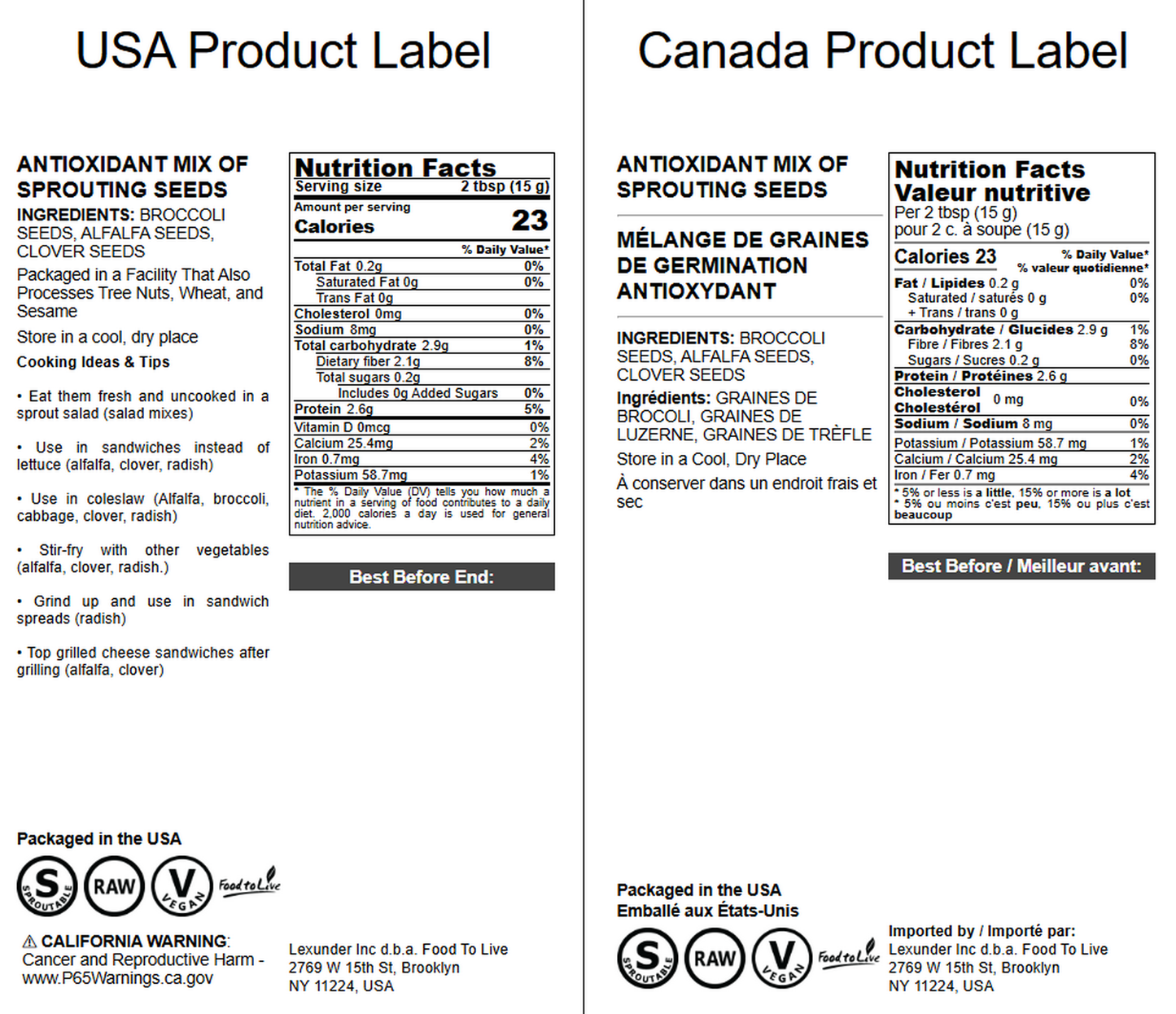Antioxidant Mix of Sprouting Seeds - Broccoli, Clover, Alfalfa, Kosher, Raw, Vegan - by Food to Live