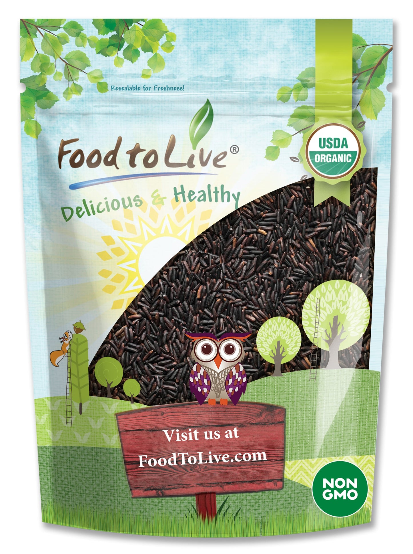 Organic Black Rice — Whole Grain Non-GMO Rice. Nutty and Sweet Flavor. Rich in Antioxidants and Dietary Fiber. Great for Stir-Fries, Salads, and Pudding. Kosher, Vegan, Bulk