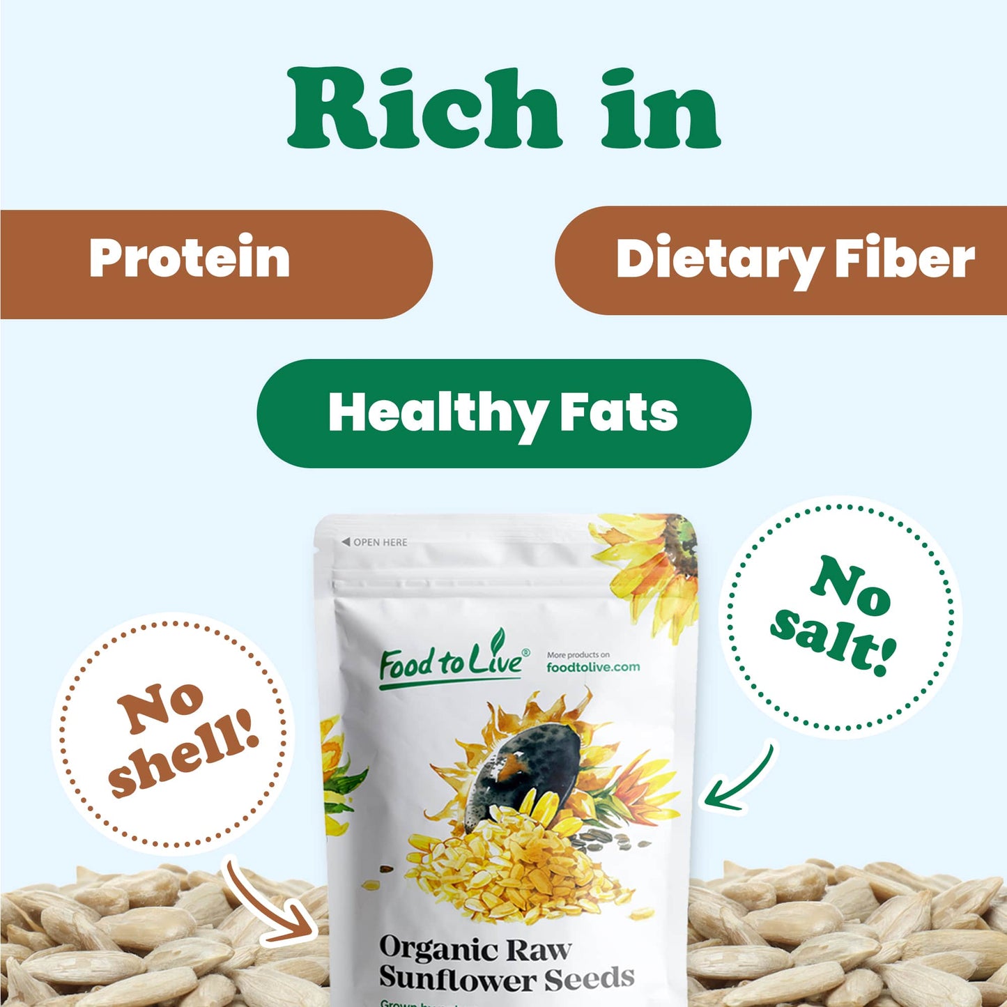 Organic Sunflower Seeds - Hulled, Raw, Non-GMO, Dried Kernels, Unsalted, Kosher, Vegan, Keto, Paleo, Sirtfood, Bulk, Low Sodium Nuts, Good Source of Protein, Vitamins E, B6 - by Food to Live