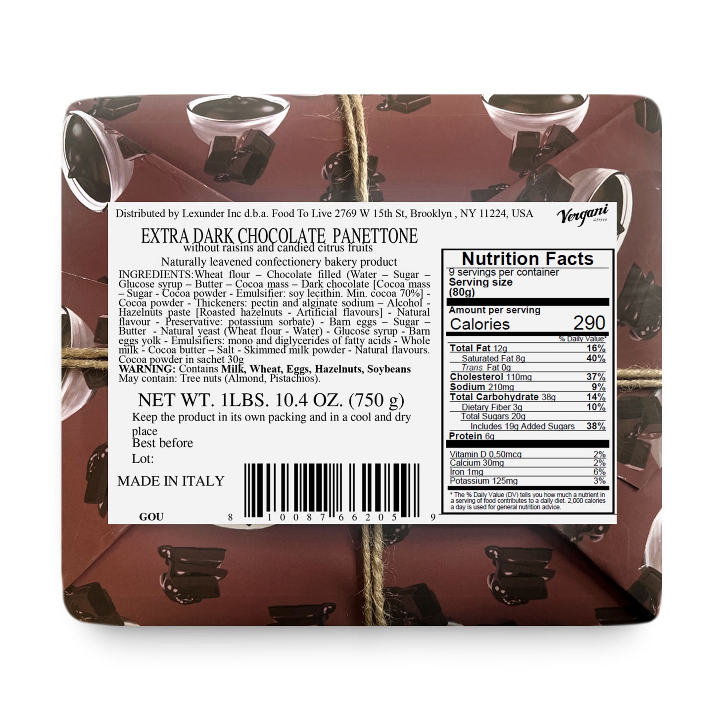Vergani Extra Dark Chocolate Panettone - 750 g (1.65 lb)