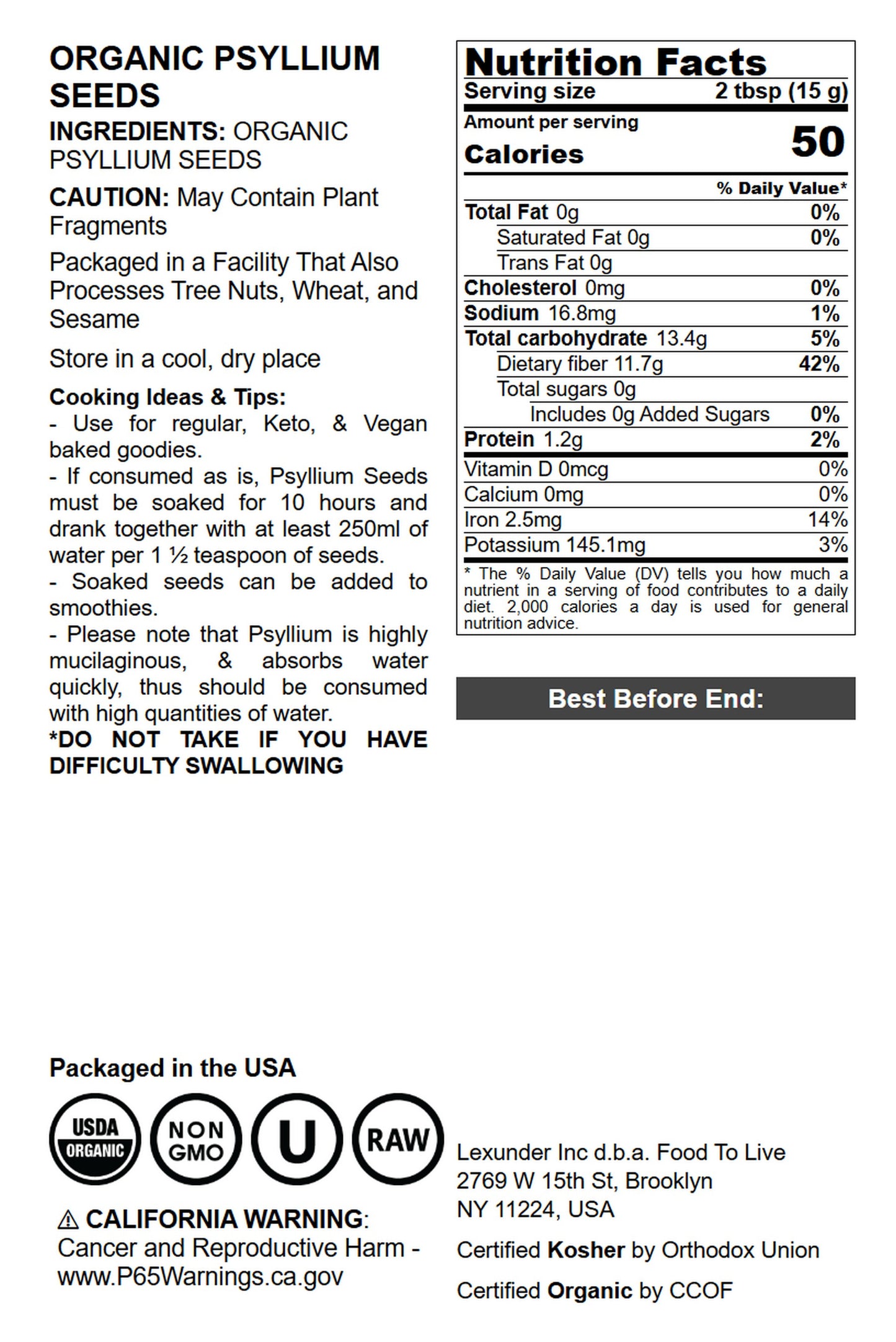 Organic Whole Psyllium Seeds - Non-GMO, Vegan, Kosher, Keto Friendly, Raw, Bulk, Rich in Iron, Natural Food Thickener - by Food to Live