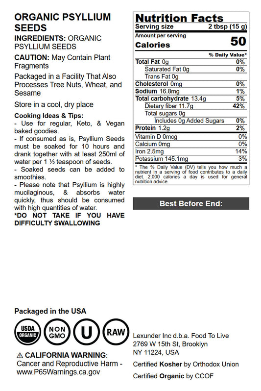 Organic Whole Psyllium Seeds - Non-GMO, Vegan, Kosher, Keto Friendly, Raw, Bulk, Rich in Iron, Natural Food Thickener - by Food to Live