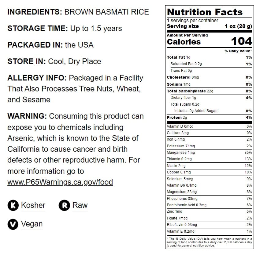 Brown Basmati Rice - Whole Dried Long-Grain Fragrant Rice, Kosher, Vegan, Less Starch Content. High in Dietary Fiber. Great for Making Stir-Fries, Curries and Pilafs. Bulk