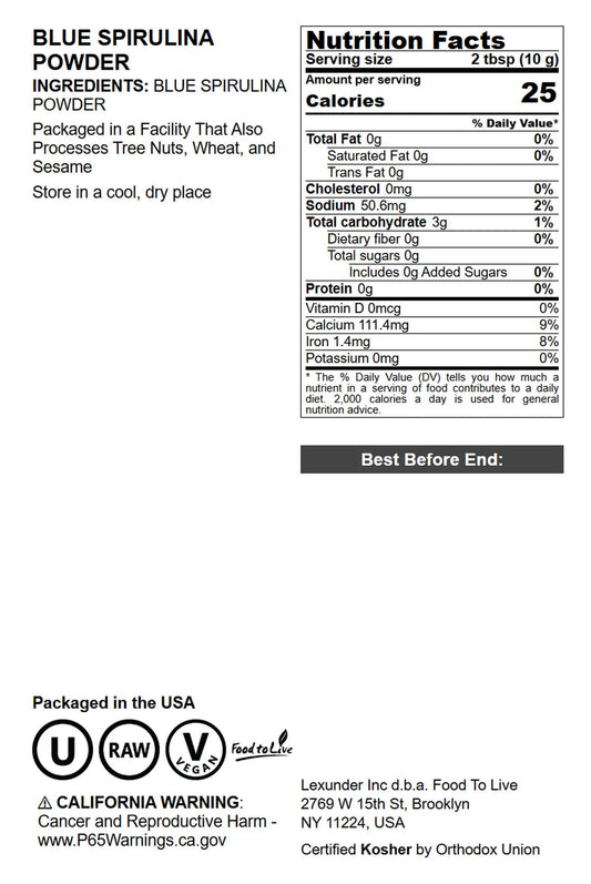 Blue Spirulina Powder - Pure Raw Blue-Green Algae Extract, Kosher, Vegan, Non-Irradiated, Rich in Phycocyanin, Great for Juices, Smoothies, Shakes, Drinks, and Food Coloring, Bulk - by Food to Live