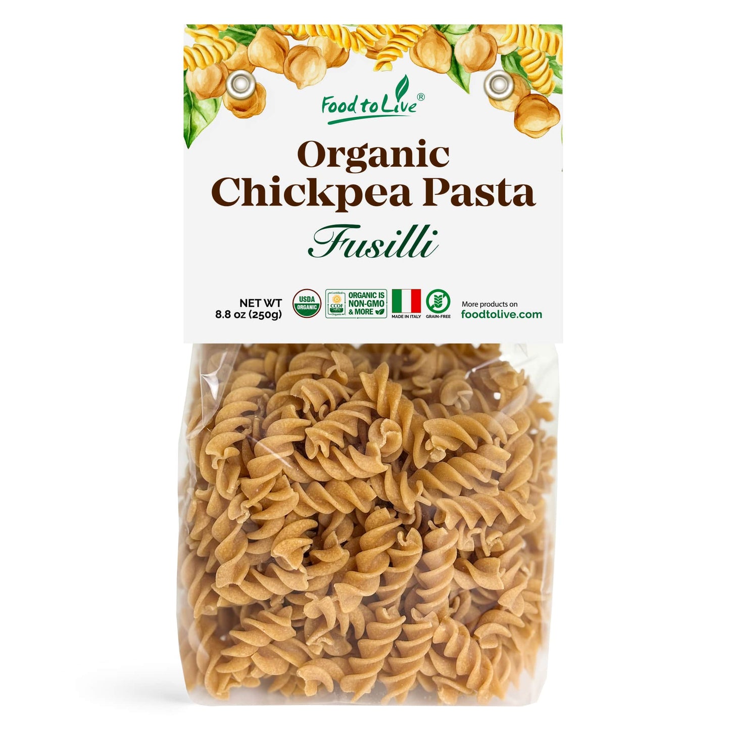 Organic Chickpea Fusilli Pasta, 8.8 oz – Non-GMO, Single Ingredient. No Additives. No Major Allergens. Good Source of Plant Based Protein and Fiber. Kosher. Vegan. Low Glycemic Index. Made in Italy