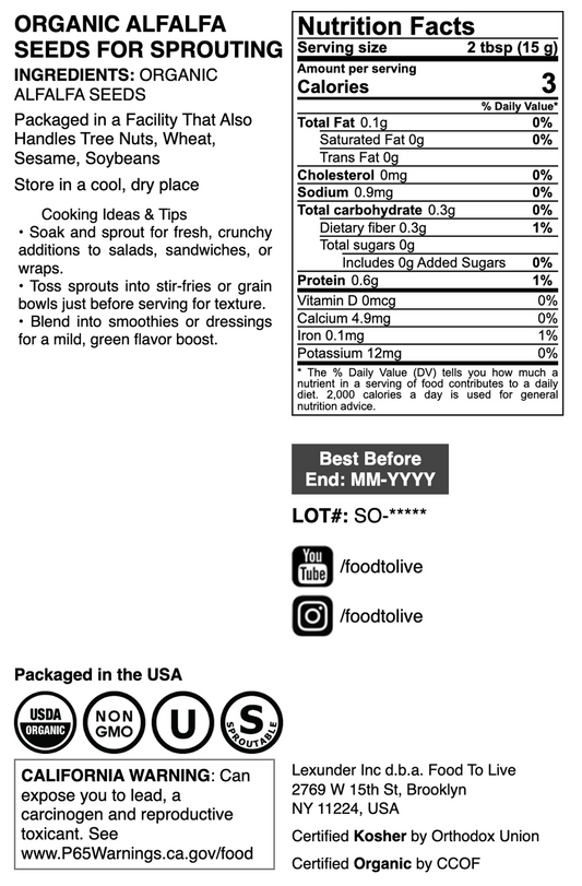 Organic Alfalfa Sprouting Seeds - by Food To Live