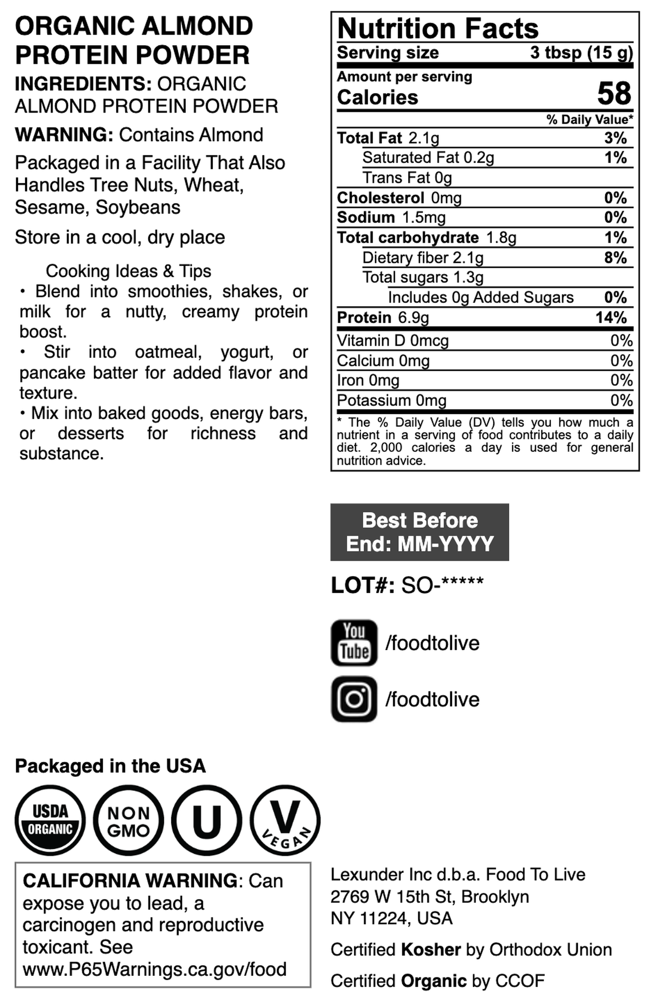Organic Almond Protein Powder - by Food to Live