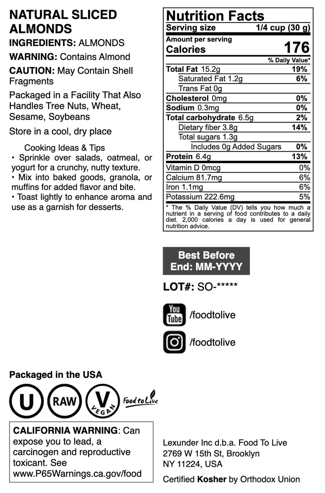 California Natural Sliced Almonds - by Food To Live