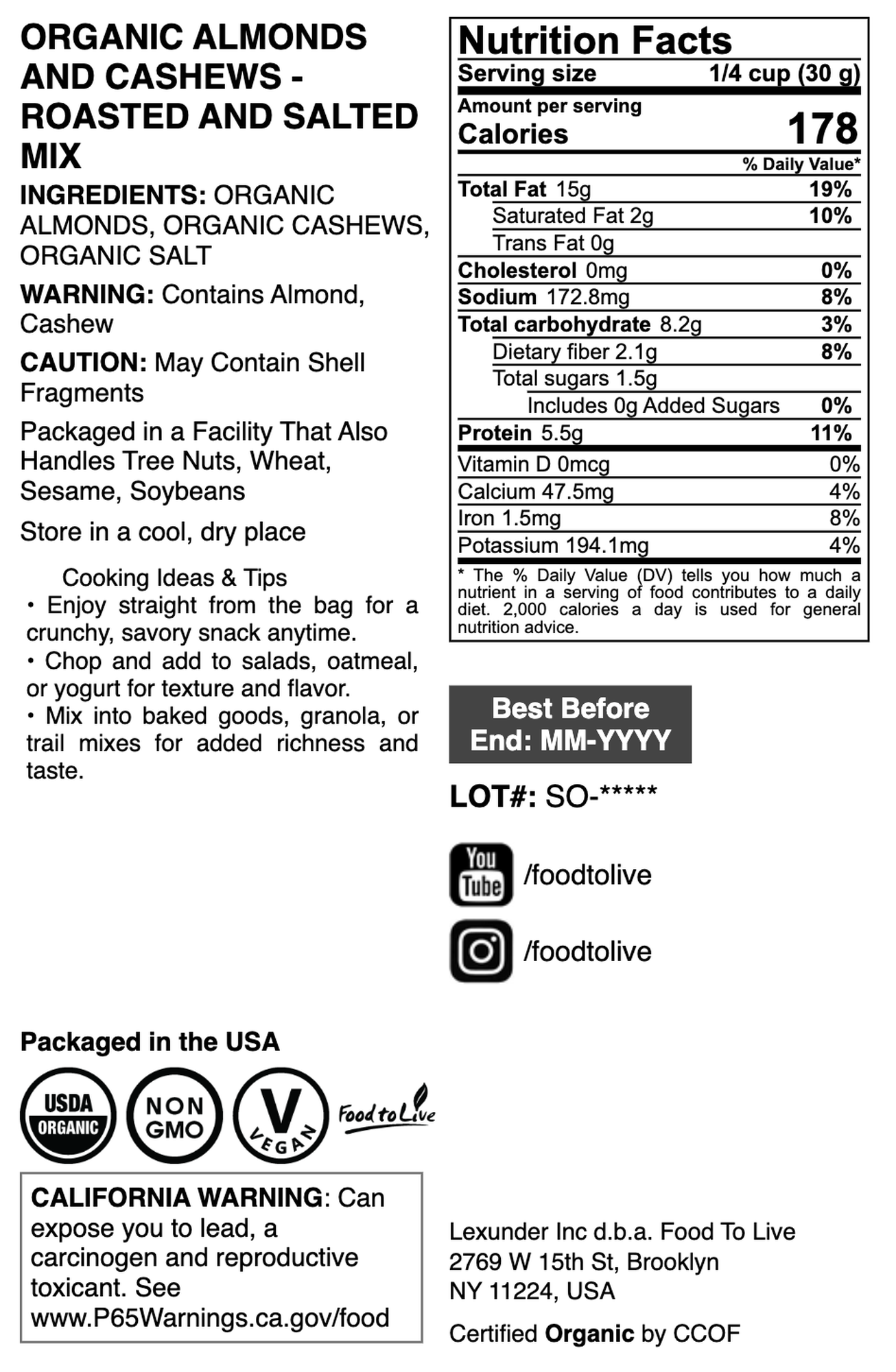 Organic Almonds and Cashews Mix, Dry Roasted & Lightly Salted - by Food To Live