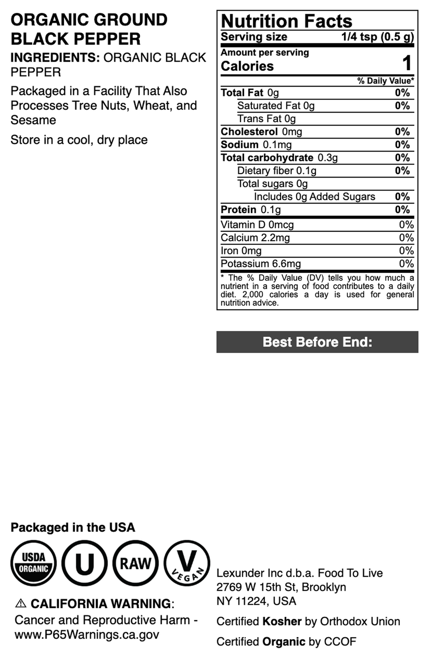 Organic Ground Black Pepper - by Food to Live