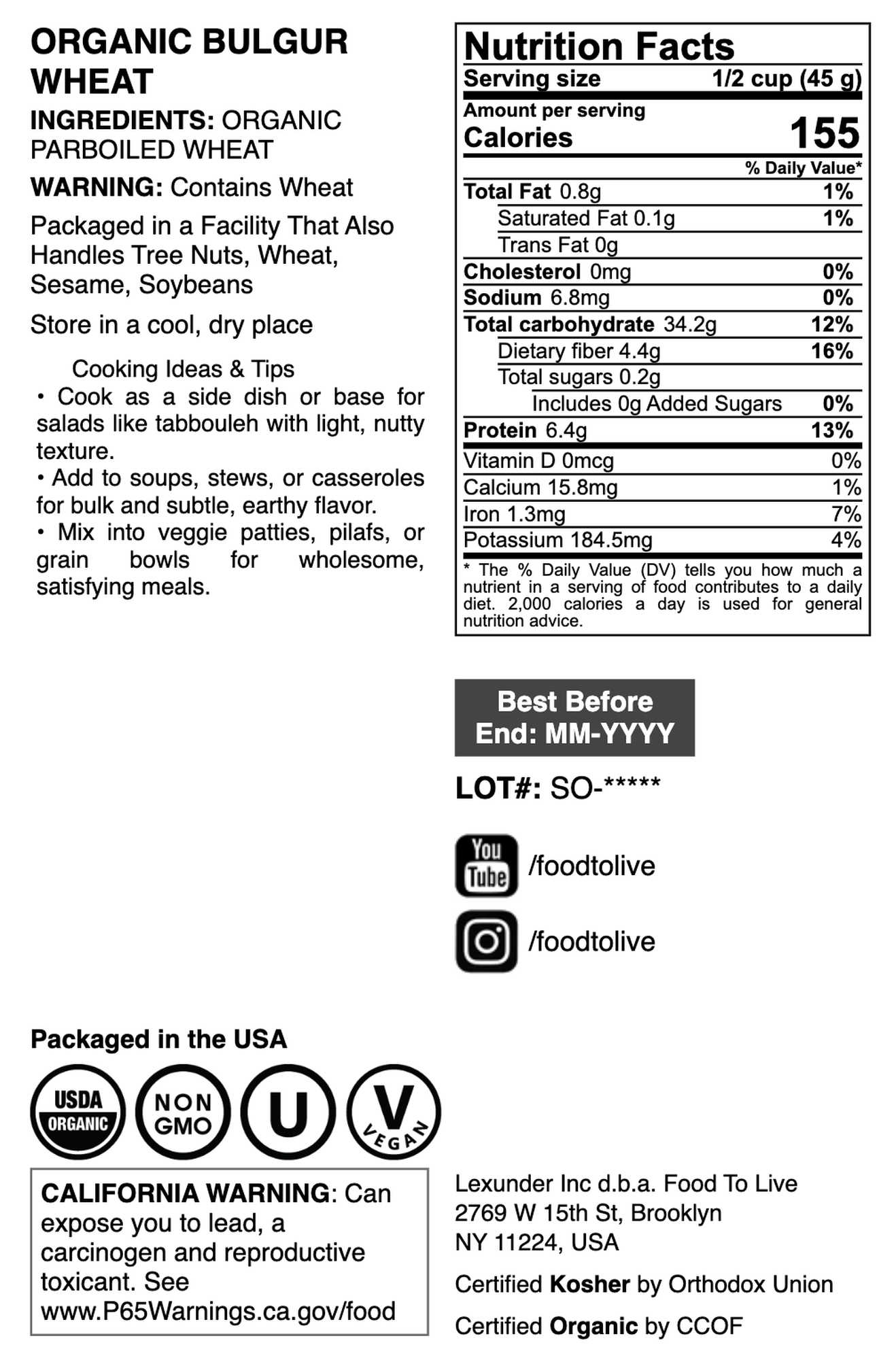 Organic Bulgur Wheat - by Food To Live