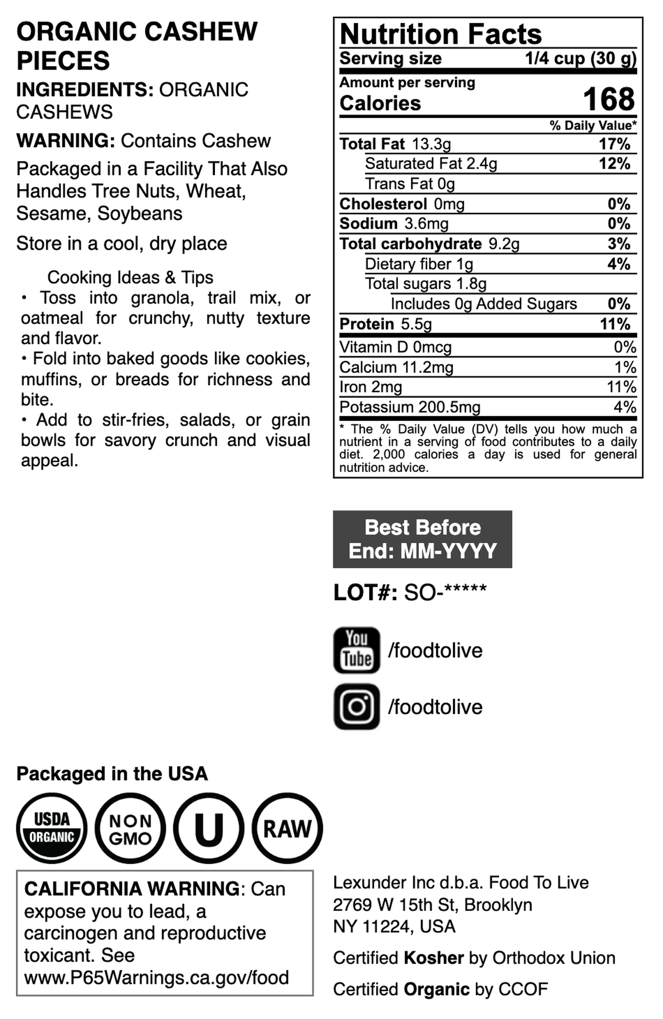 Organic Cashew Pieces - by Food To Live