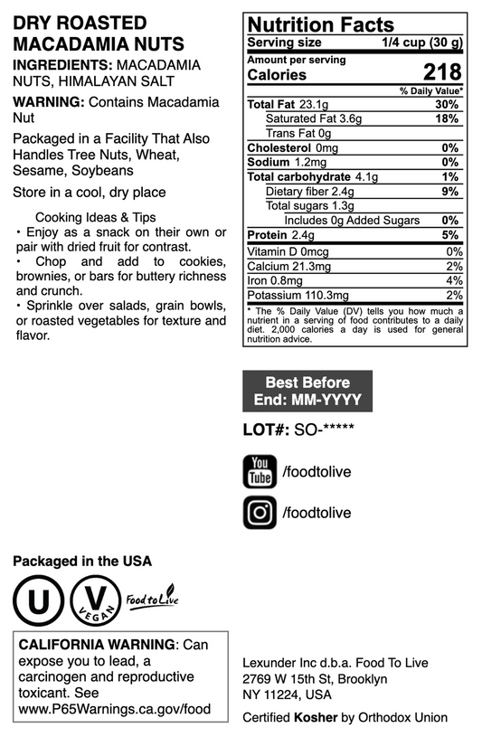 Dry Roasted Macadamia Nuts - by Food To Live