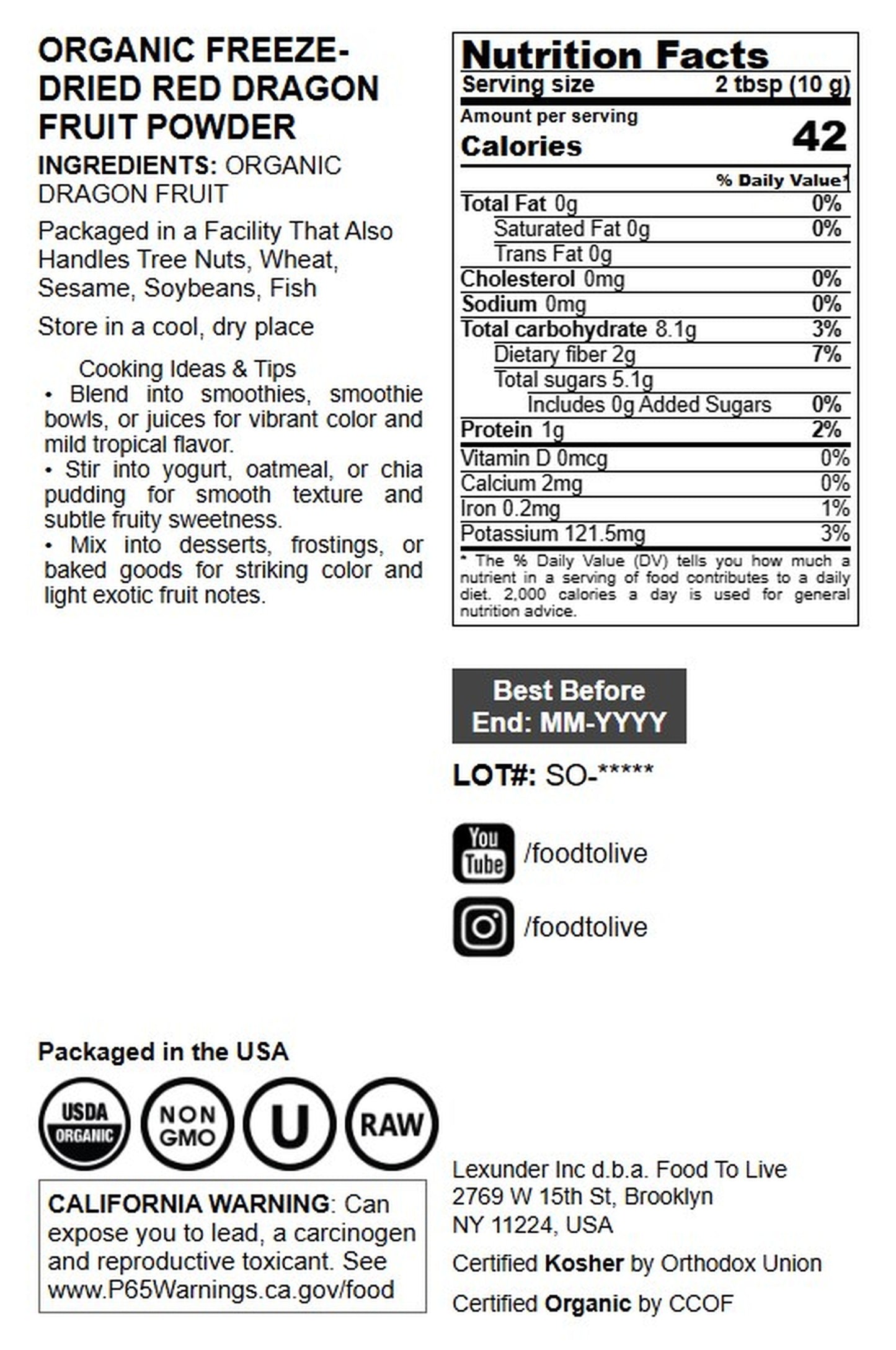 Organic Red Dragon Fruit Powder - by Food To Live