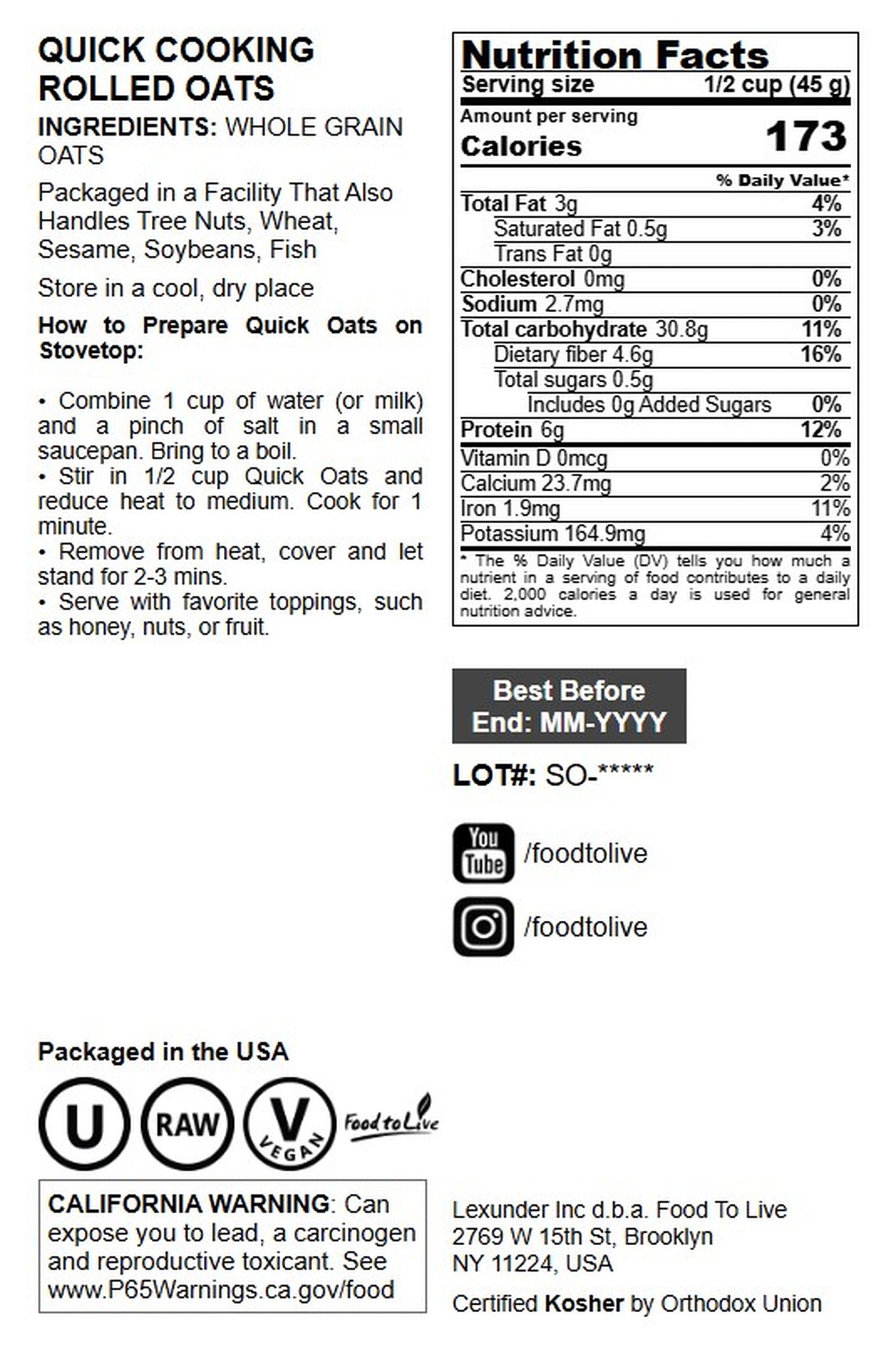 Quick Cooking Rolled Oats - by Food To Live