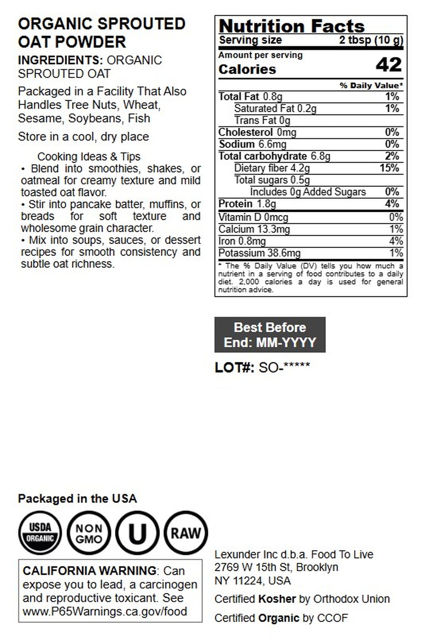Organic Sprouted Oat Powder - by Food To Live