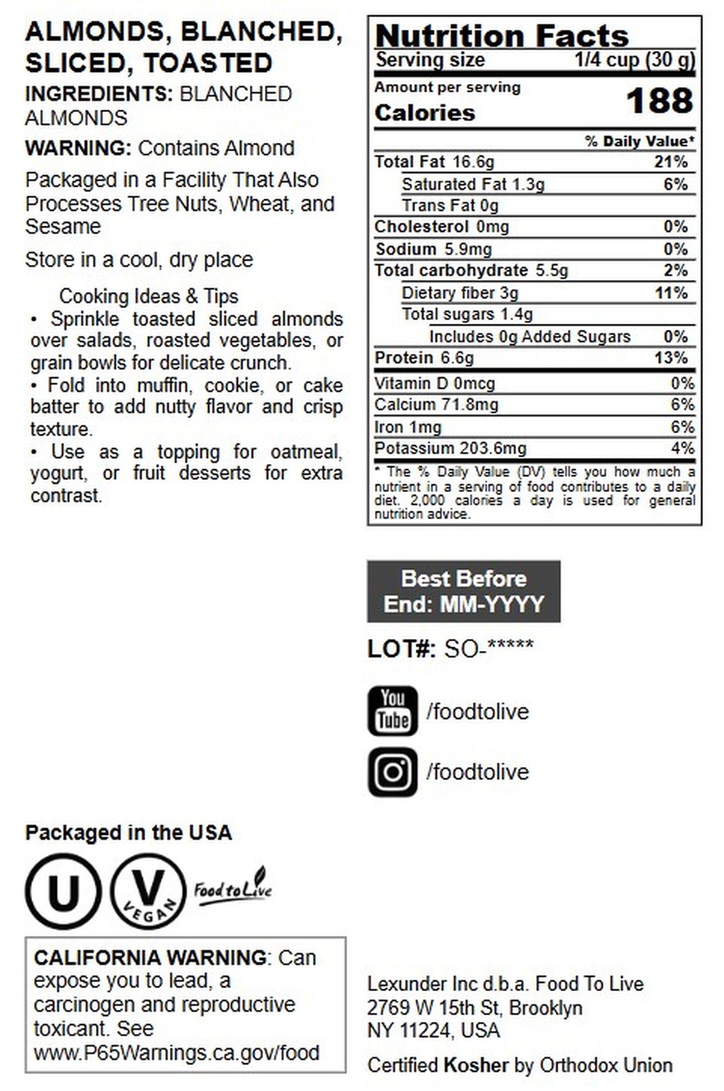 Dry Roasted Blanched Sliced Almonds - by Food to Live