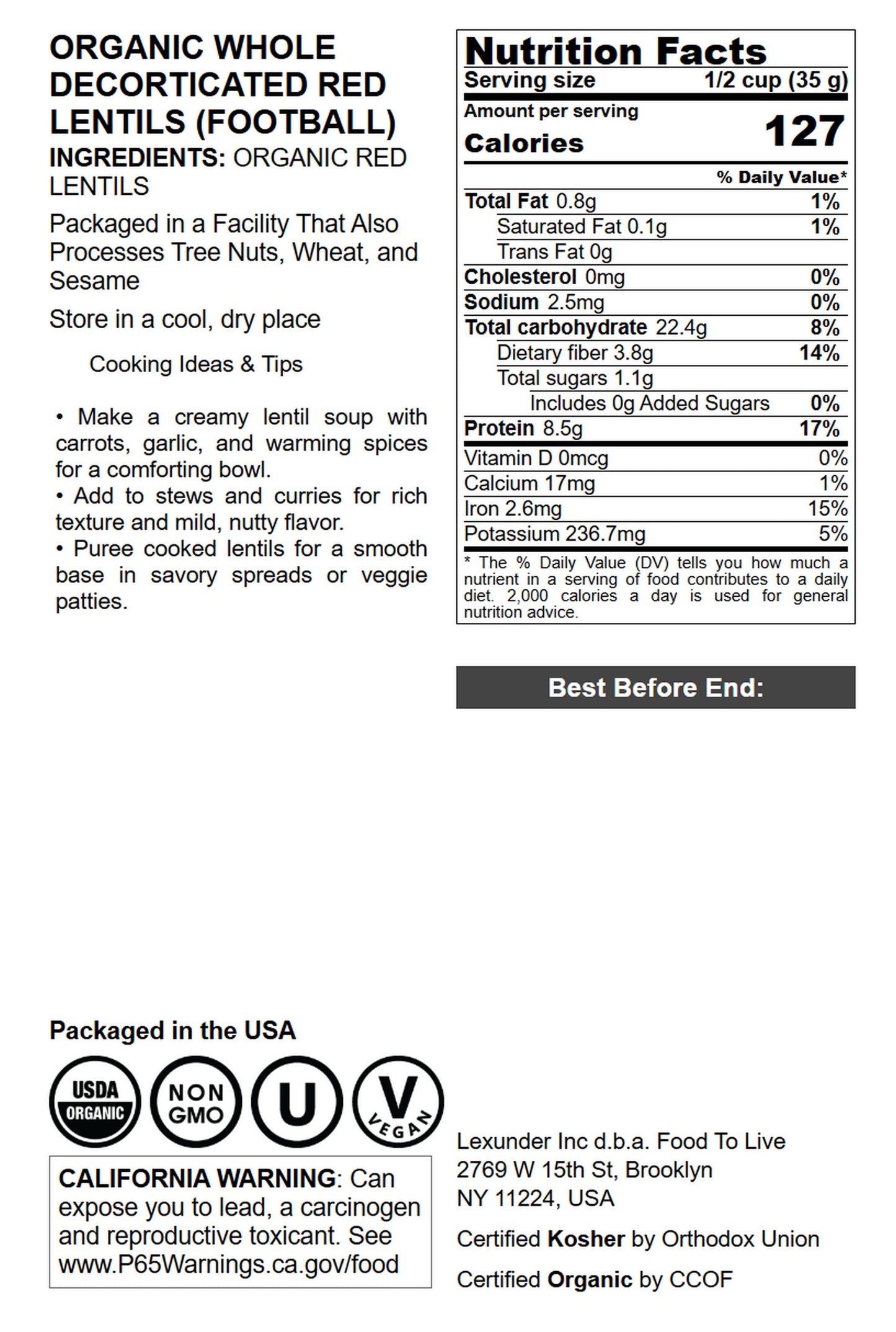 Organic Red Lentils (Football) - by Food to Live