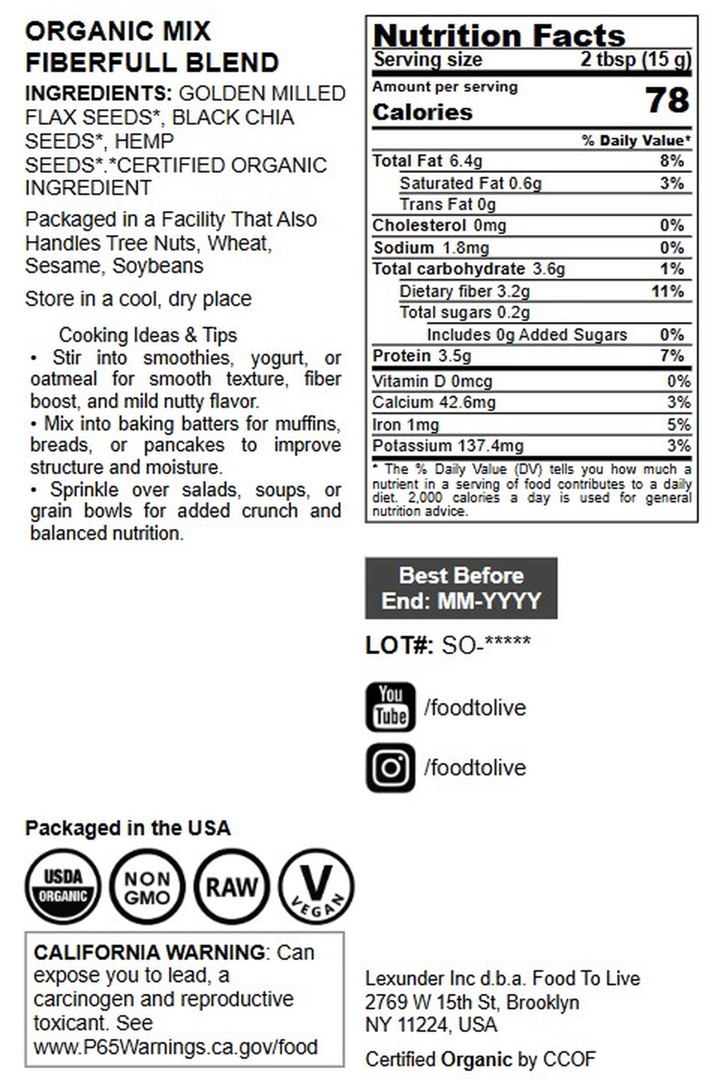 Organic FiberFull Flax, Hemp and Chia Seeds Blend - by Food To Live