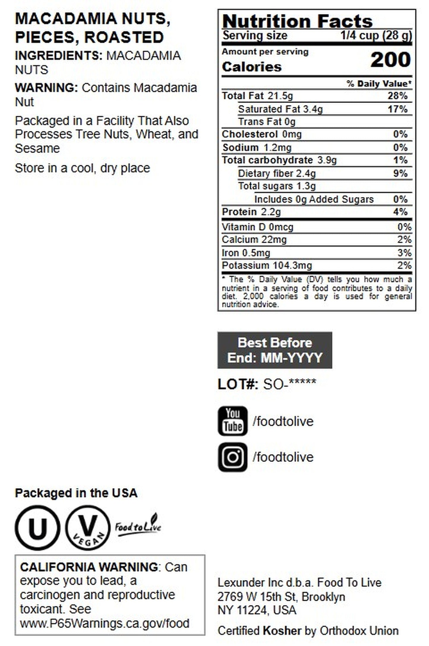 Macadamia Nuts, Pieces, Roasted - by Food to Live