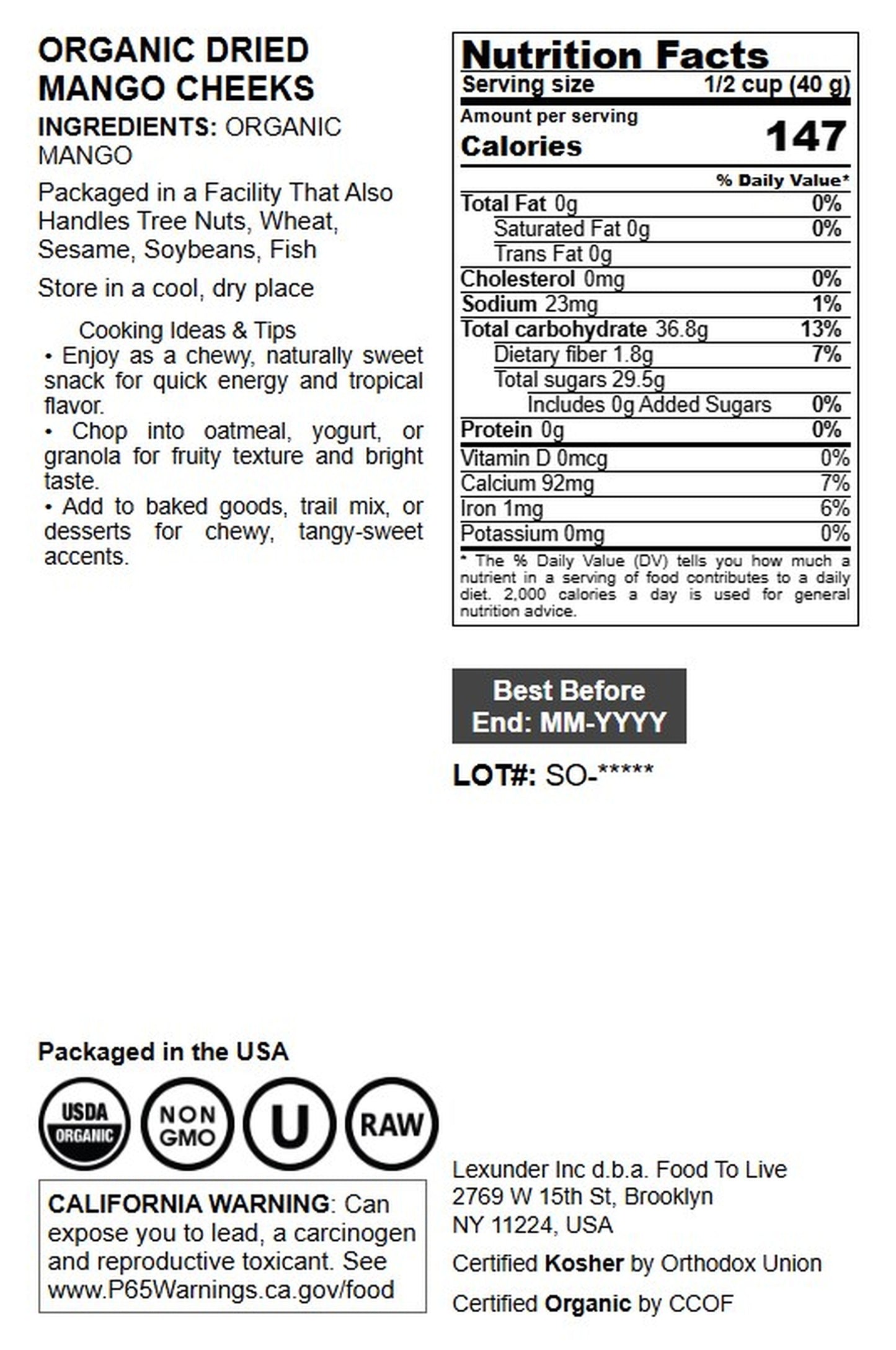 Organic Dried Mango Cheeks - by Food To Live