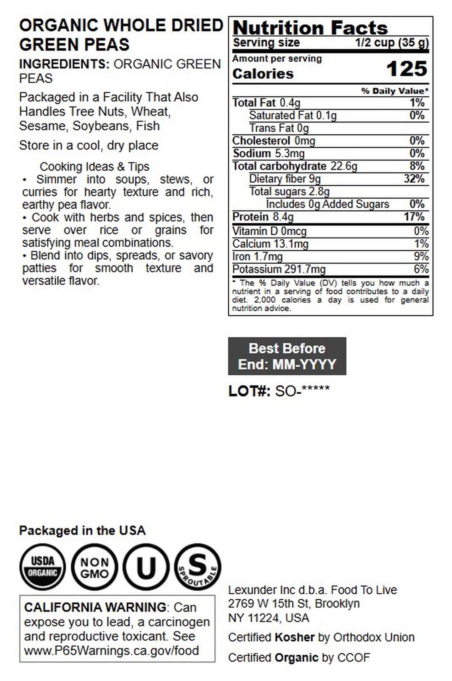 Organic Whole Dried Green Peas - by Food To Live