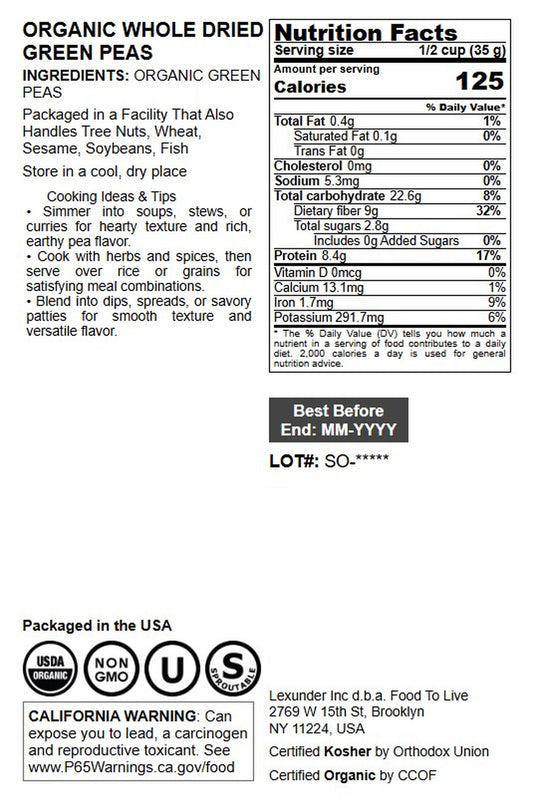 Organic Whole Dried Green Peas - by Food To Live
