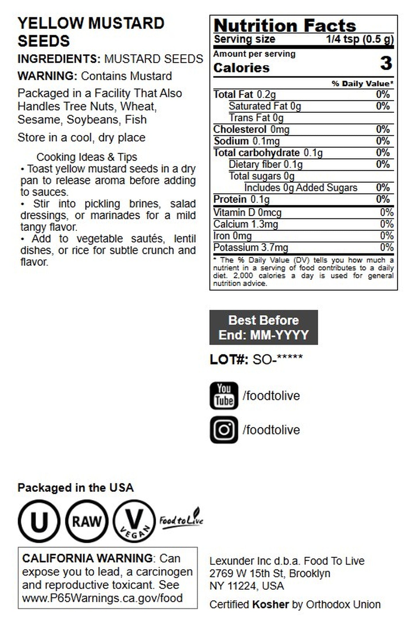 Yellow Mustard Seeds - by Food To Live