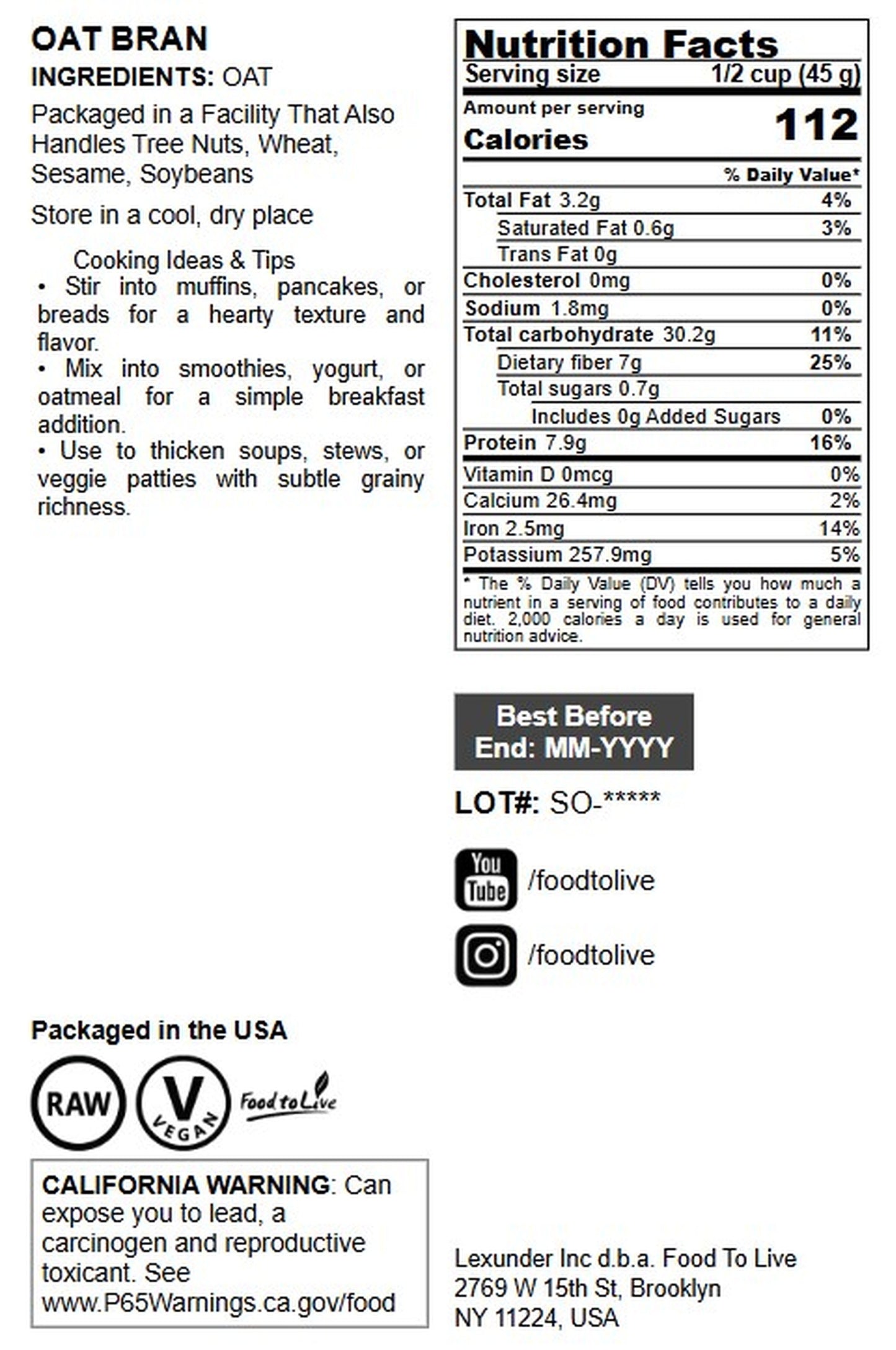 Oat Bran - by Food To Live