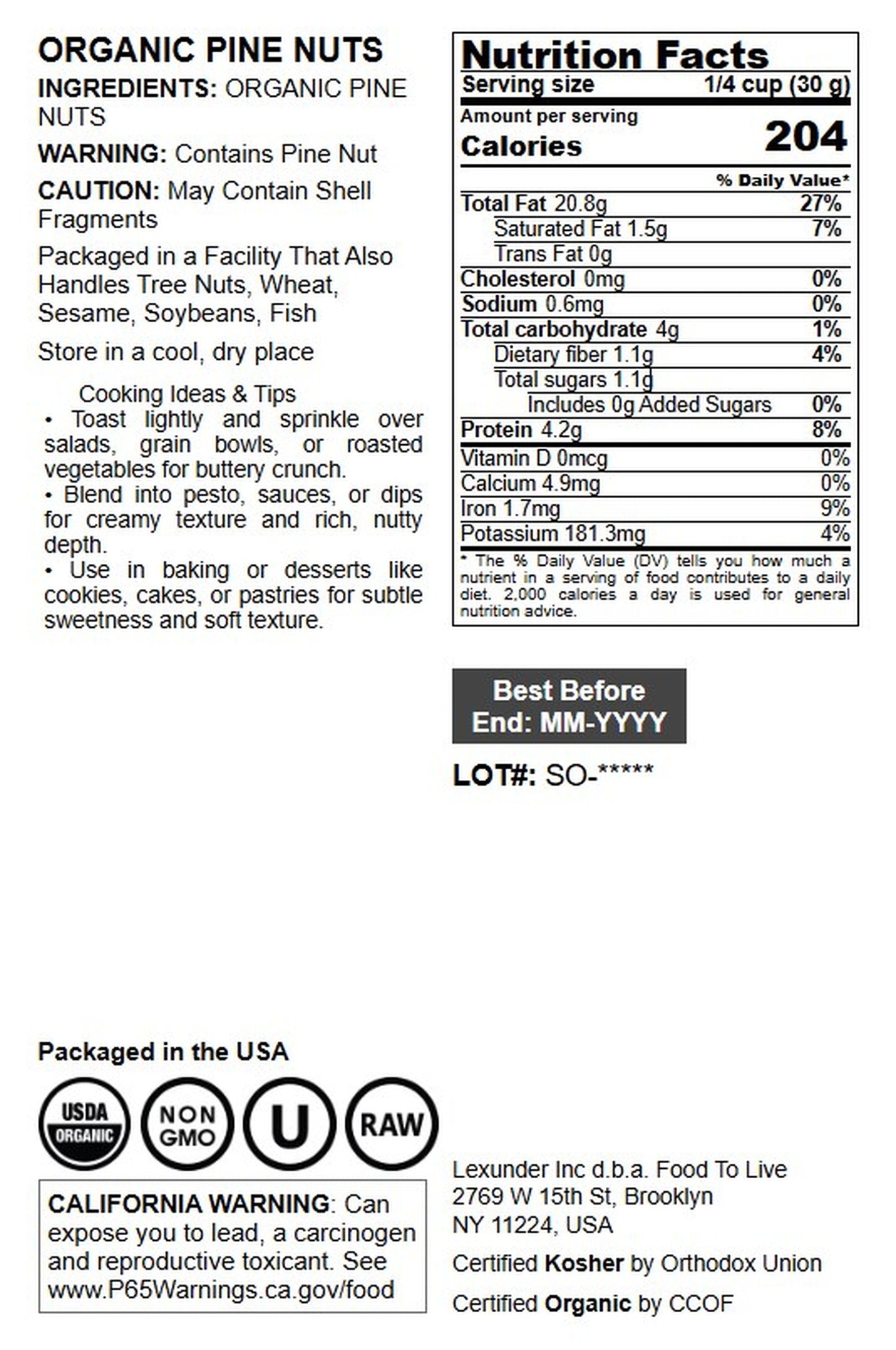 Organic Pine Nuts - by Food To Live