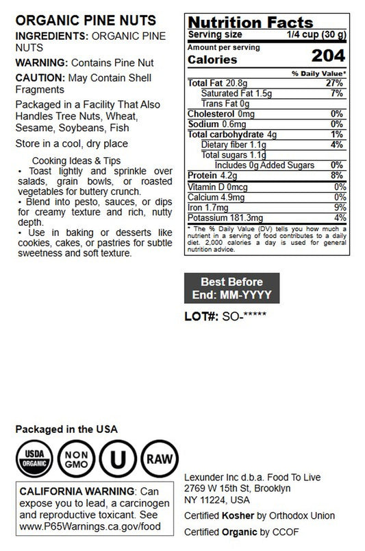 Organic Pine Nuts - by Food To Live