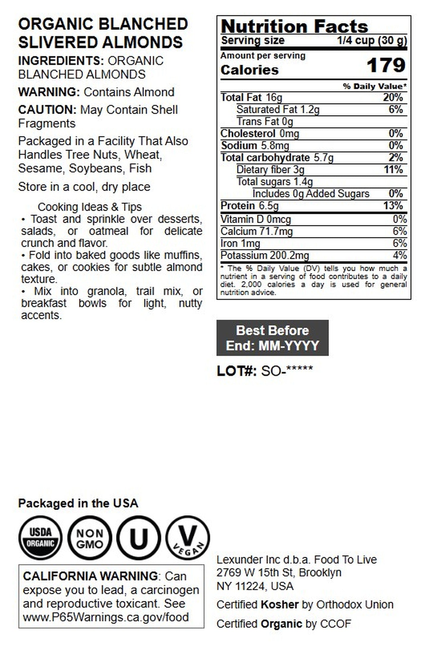 Organic Blanched Slivered Almonds - by Food To Live