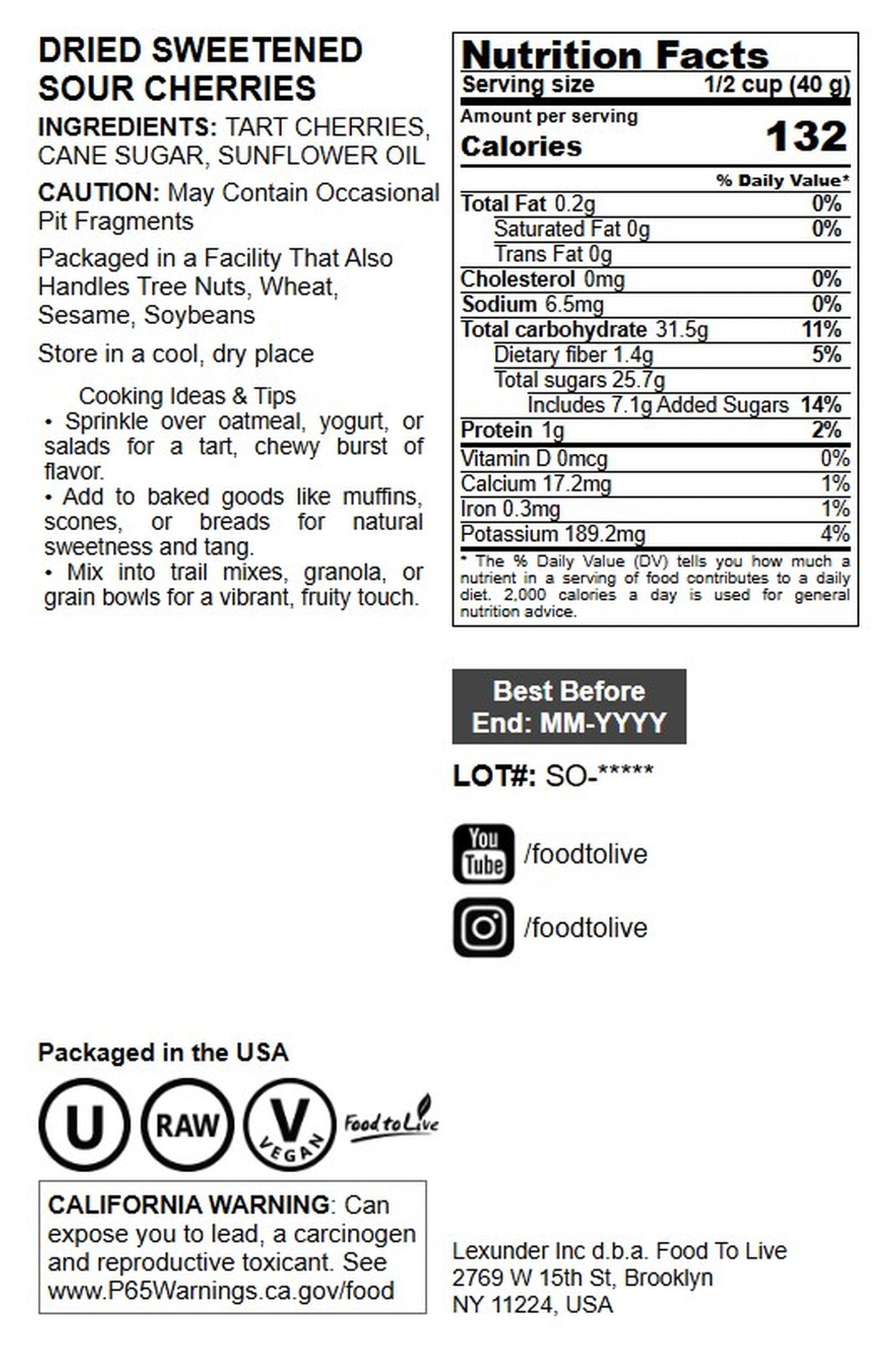 Dried Sour Cherries - by Food To Live