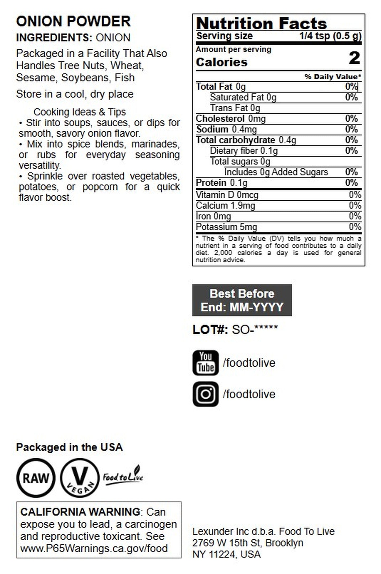 Onion Powder - by Food To Live