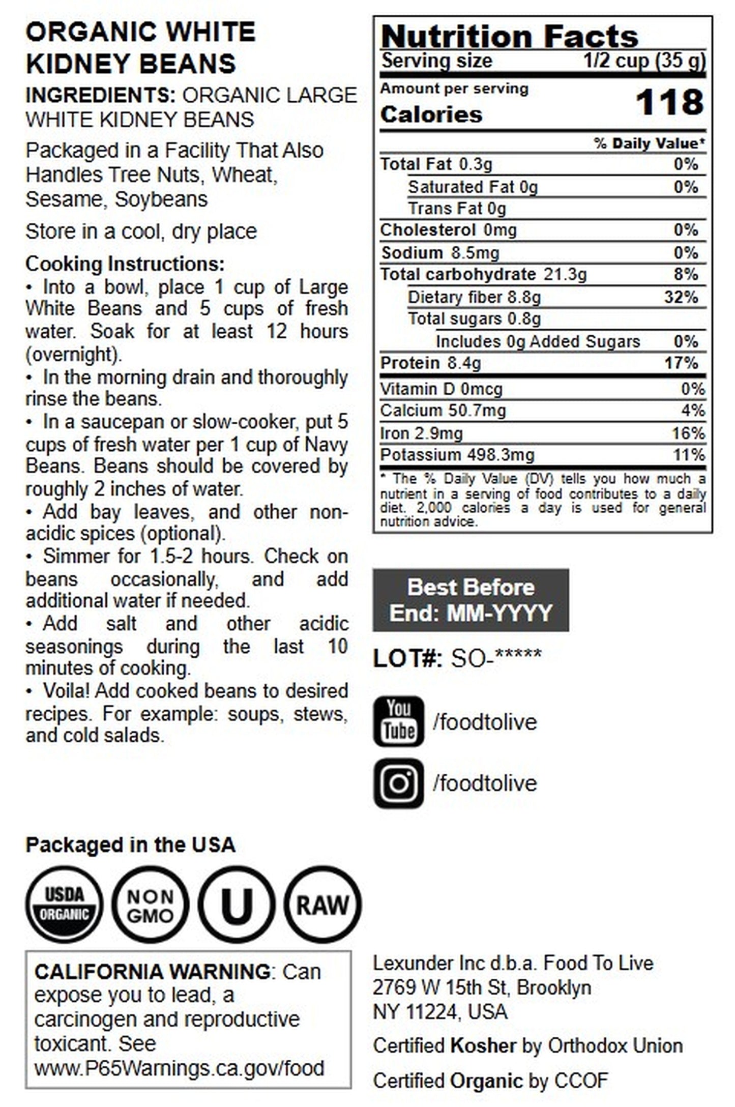 Organic White Kidney Beans - by Food To Live