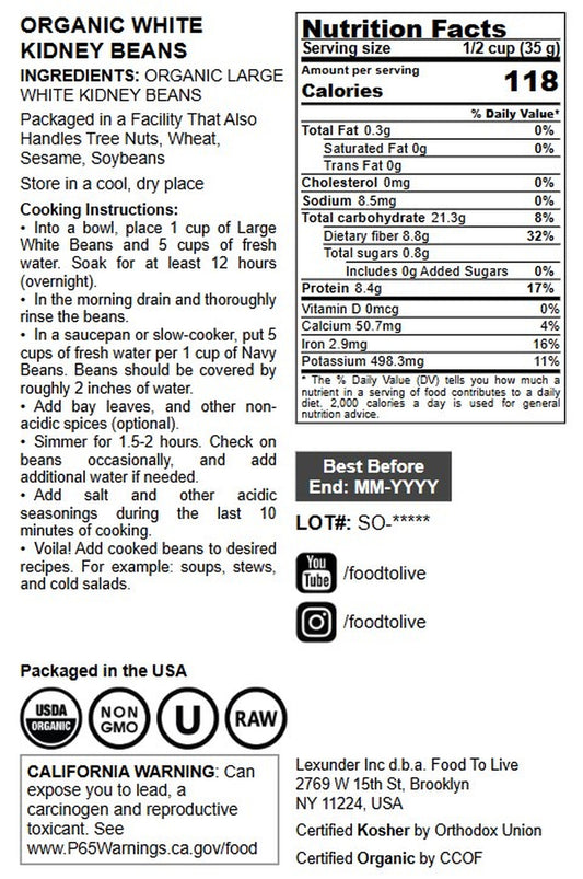 Organic White Kidney Beans - by Food To Live