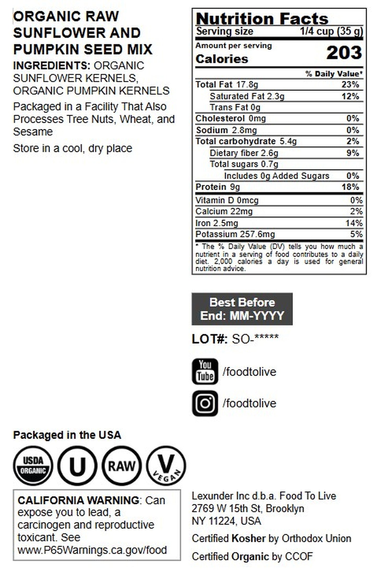 Organic Raw Sunflower and Pumpkin Seed Mix - by Food to Live