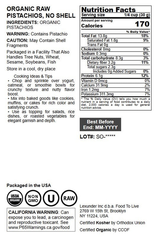 Organic Raw Pistachios, No Shell - by Food To Live